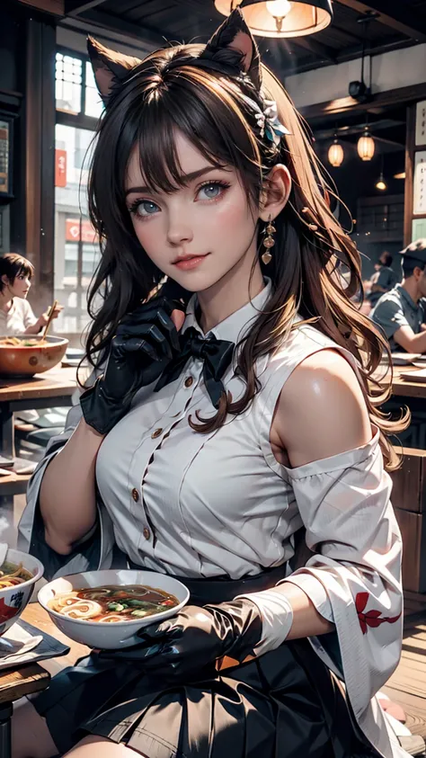 masterpiece, Highest quality, Seductive pose, Full-body wide-angle, smile, (Sitting:1.1) ,Ichiraku Ramen, (Eat ramen:1.0), Holding chopsticks and a ramen bowl, Sip the noodles,, Silence Suzuka (umamusume), Black gloves, White Skirt, Pleated skirt, Black Pa...