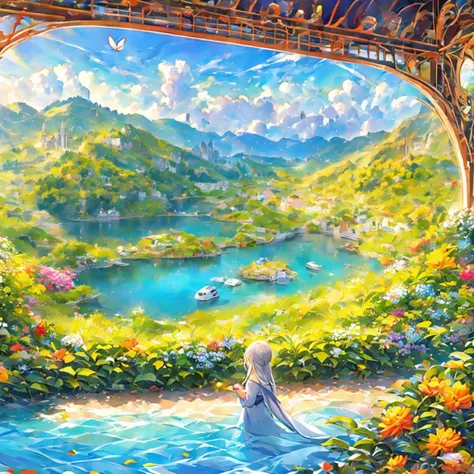 Image Board, Panorama, Majestic Landscape, Boy and girl from behind, A boy and a girl looking down on the town from the top of a hill, Lake in the center, On the right bank of the lake, there is a path leading to the town in front of the castle, with a cas...