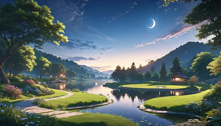 a beautiful countryside park at dusk, a small crescent moon, stunning landscape, anime style, (best quality,4k,8k,highres,masterpiece:1.2),ultra-detailed,(realistic,photorealistic,photo-realistic:1.37),intricate details, vibrant colors, dramatic lighting, ...