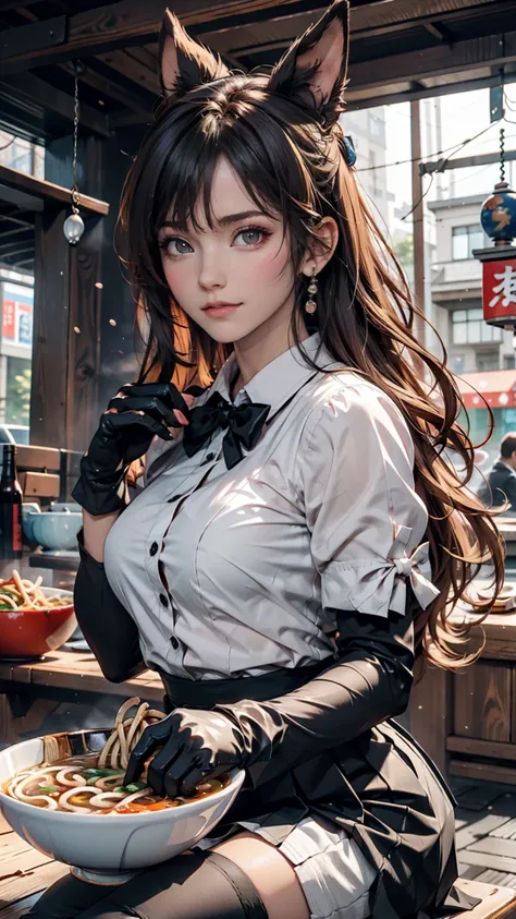 masterpiece, Highest quality, Seductive pose, Full-body wide-angle, smile, (Sitting:1.1) ,Ichiraku Ramen, (Eat ramen:1.0), Holding chopsticks and a ramen bowl, Sip the noodles,, Silence Suzuka (umamusume), Black gloves, White Skirt, Pleated skirt, Black Pa...