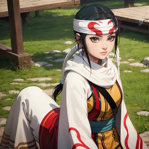 there is a young girl dressed in a costume and headband, a character portrait inspired by Chen Jiru, unsplash, shin hanga, anime cosplay, palace ， a girl in hanfu, hanfu, white hanfu, captured on canon eos r 6, akali, akali from league of legends, akira fr...