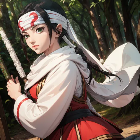 there is a young girl dressed in a costume and headband, a character portrait inspired by Chen Jiru, unsplash, shin hanga, anime cosplay, palace ， a girl in hanfu, hanfu, white hanfu, captured on canon eos r 6, akali, akali from league of legends, akira fr...