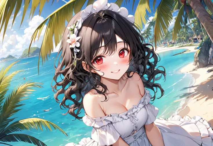 panoramic, top view, (Tropical resort style) (solo:2, 15 yo), (beautiful detailed curly:1.3) (best beauty black hair long hair) (cute princess girl, beautiful detailed red eyes, love smile face, blushing, medium tits), in a beautiful white Frilled off-shou...