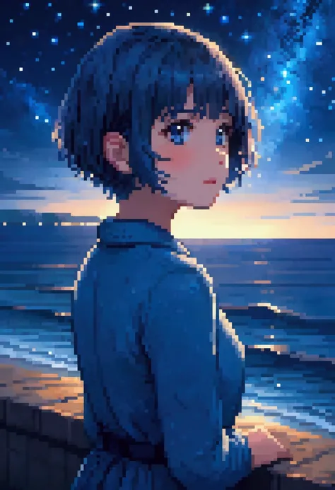 Blue Sunday, Nostalgic, Melancholic, beautiful, starry night, sky, over ocean, pixel, sad short hair