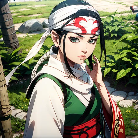 there is a young girl dressed in a costume and headband, a character portrait inspired by Chen Jiru, unsplash, shin hanga, anime cosplay, palace ， a girl in hanfu, hanfu, white hanfu, captured on canon eos r 6, akali, akali from league of legends, akira fr...