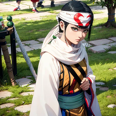 there is a young girl dressed in a costume and headband, a character portrait inspired by Chen Jiru, unsplash, shin hanga, anime cosplay, palace ， a girl in hanfu, hanfu, white hanfu, captured on canon eos r 6, akali, akali from league of legends, akira fr...