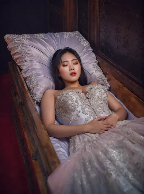 in a striking 8k hdr scene, a stunning korean woman, 22 years old, lies peacefully in a coffin and coffin cover surrounded by pl...