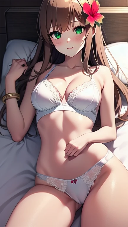 (masterpiece:1.2), (best quality:1.2), (intricate details:1.2), (anime coloring:1.1), ((top-quality)), solo girl, light brown hair, green eyes, long hair, medium breasts, sexy body and face, wavy hair, smile, (parted lips:0.9), lipstick, white lingerie, wh...