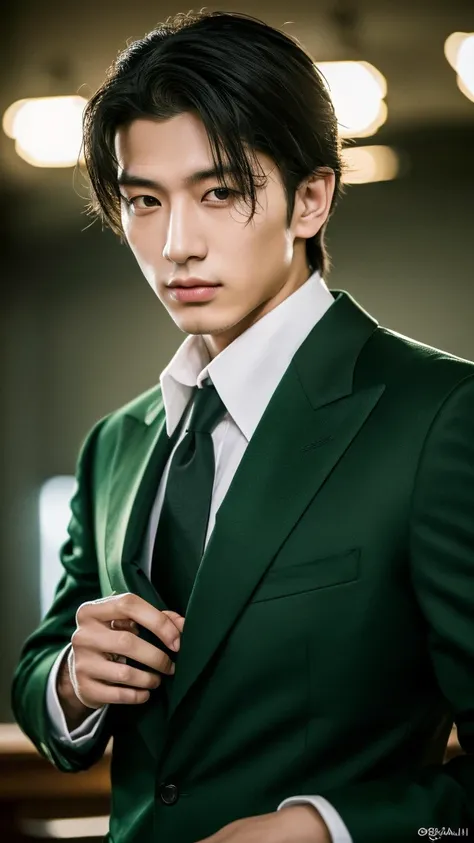 ((masterpiece)), ((best quality:1.2)), high resolution, 8k, (ultra_realistic:1.3), (photorealistic:1.4), (absurdres), sharp focus, highly detailed, (high quality), (masterpiece), handsome man, Korean, 25 years old,
 normosthenic, black suit, green eyes, mu...