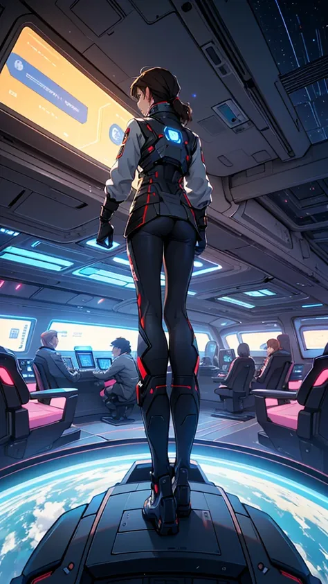 1girl and 1boy brown hair (2 people), inside a spaceship, In the background a view of stars, maximum qualitythe spaceship has futuristic chairs, detail of chairs, control panel detail, animated landscape、Xin Haichen、of the highest quality、masterpiece、cloud...