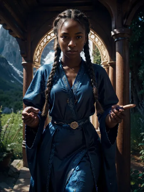 a beautiful black-skinned female mage with braided hair, blond hair, intricate detailed face and eyes, elegant posture, wearing an ornate blue magical robe, beautiful detailed hands holding a glowing magical staff, outdoor fantasy landscape with mountains ...