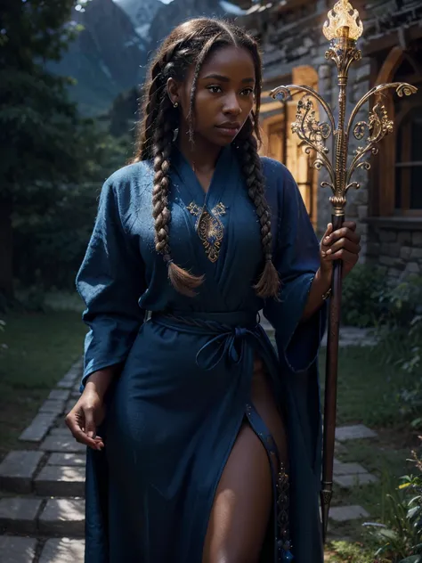 a beautiful black-skinned female mage with braided hair, blond hair, intricate detailed face and eyes, elegant posture, wearing an ornate blue magical robe, beautiful detailed hands holding a glowing magical staff, outdoor fantasy landscape with mountains ...