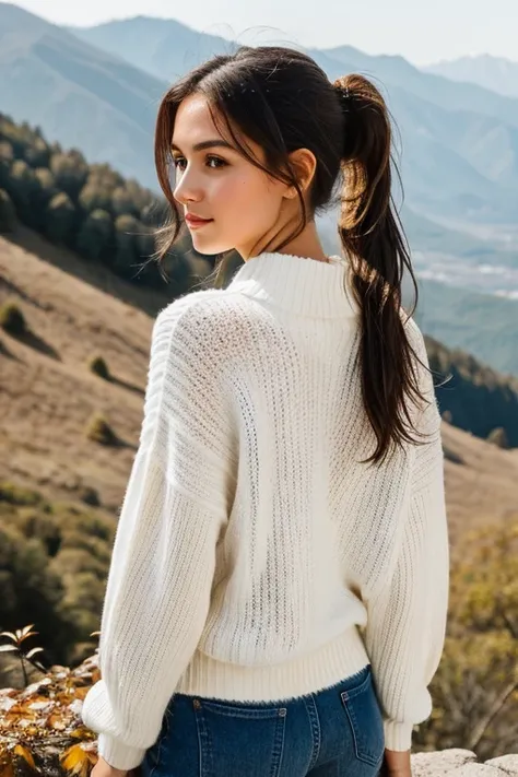 ((Best Quality)), ((masterpiece)), (detailed), 1 girl, White sweater, hair with a ponytail back, medium curly and straight hair, It is summer time next to a mountain of dry leaves.