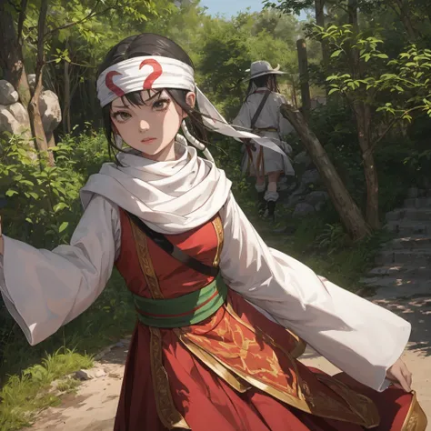 (Misaka Mikoto) here is a young girl dressed in a costume and headband, a character portrait inspired by Chen Jiru, unsplash, shin hanga, anime cosplay, palace ， a girl in Hanfu, Hanfu, white Hanfu, captured on canon eos r 6, akali, akali from league of le...