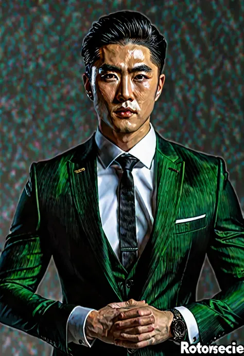 ((masterpiece)), ((best quality:1.2)), high resolution, 8k, (ultra_realistic:1.3), (photorealistic:1.4), (absurdres), sharp focus, highly detailed, (high quality), (masterpiece), handsome mean looking man, Korean, 25 years old, normosthenic, black suit, gr...