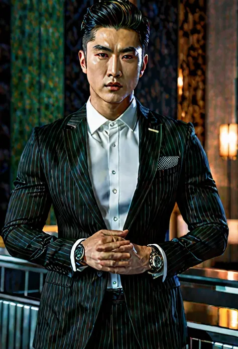 ((masterpiece)), ((best quality:1.2)), high resolution, 8k, (ultra_realistic:1.3), (photorealistic:1.4), (absurdres), sharp focus, highly detailed, (high quality), (masterpiece), handsome mean looking man, Korean, 25 years old, normosthenic, black suit, gr...