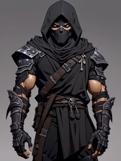 in the style of sk3ll3t0n,1boy,assassin,ninja,thief, mystical person,hood,rogue outfit,((simple background)),gray background,