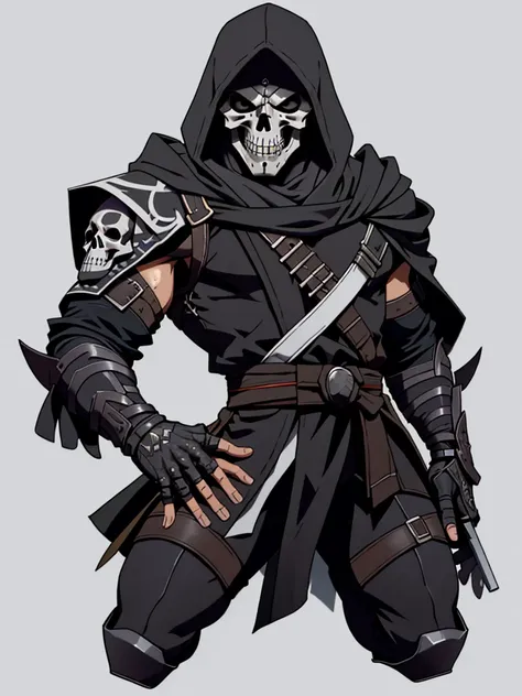 
in the style of sk3ll3t0n,1boy,assassin,ninja,thief, mystical person,hood,rogue outfit,white skull,((simple background)),gray background,