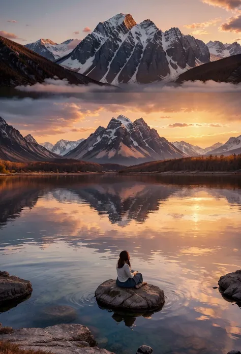 a peaceful serene landscape, a majestic mountain range in the background, a tranquil lake reflecting the sky, a glowing sunset with warm colors, a lone person sitting on a rock overlooking the scenery, detailed realistic, cinematic lighting, award winning ...