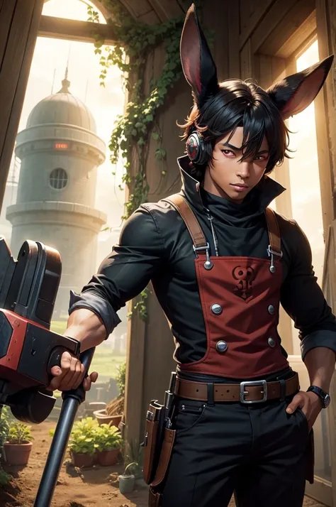 anime,solo farming in the tower,a cute black male rabbit with red eyes with a big hammer, in the farm tower