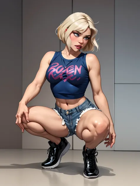 Two girls, one blonde with short hair, wearing a blue crop top and denim shorts, the other with silver hair, wearing a latex shirt, wearing short shorts and squatting in front of the blonde