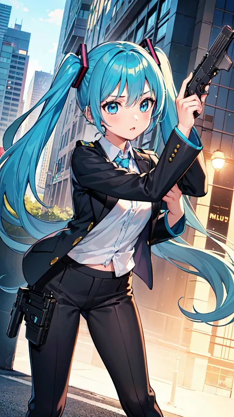 ((masterpiece)), ((Highest quality)), ((High resolution)), One girl, alone, Police Officer, (Matching skirt, slacks), Urban Background, (Holding a pistol、Aim, Detailed pistol, Glock 22, Breaking the rules), Are standing, Hatsune Miku VOCALOID, (Light blue ...