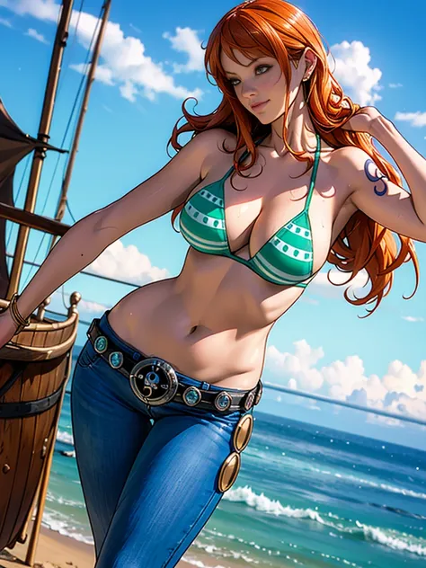 masterpiece, (Realistic:1.5), Highest quality, Beautiful lighting, Real Life, nami (one piece), (solo people only ), 2 or more people NG, , beautiful, perfect anatomy , , , Floating Hair, Long Orange Hair, Brown eyes, , Exposing shoulders , shoulder tattoo...