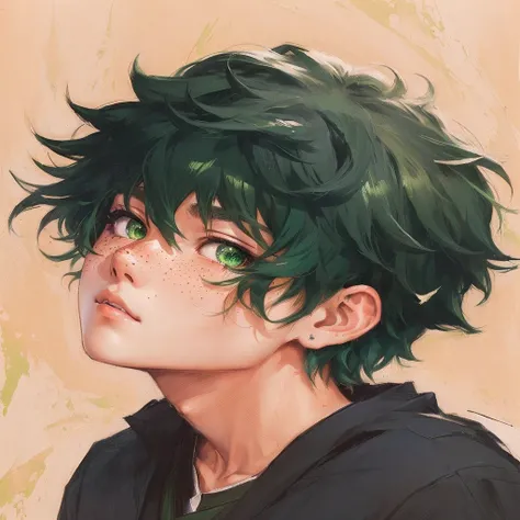 A japanese boy with a wavy green hair, emerald green eyes, some freckles on the face, estilo de anime limpo e detalhado