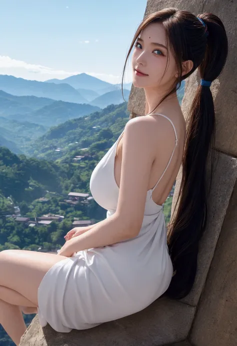 masterpiece, best quality, 1 Girl,  pretty girl，Looking at the audience，Smile, 巨Large target山雀, White Dress, Wet clothes, Areola_slip,cExceeded_nipple,,In the mountains_this, Naruto_(series), Naruto_Boat Puudun, Brunette_hair, long_hair, High target_Ponyta...