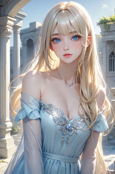 Beautiful white and shining skin、Blonde hair changes color depending on how the light hits it.、Long bangs obstruct the view、Highlights of cheek luster、Sexy, very beautiful, adorable, cute, gorgeous face、The most beautiful face in the world、Super long and g...