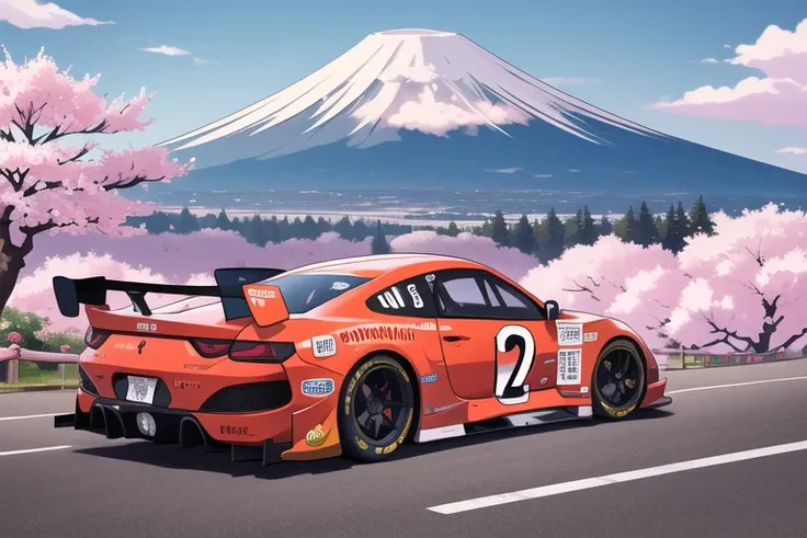 Race car in front of a mountain. Fuji Mountain, cherry blossoms,, (masterpiece),tim layzell