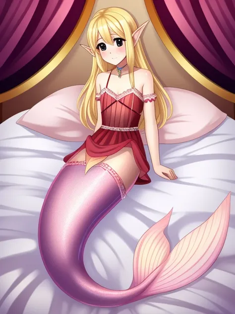 male crossdressing, crossdress, elf ears, blonde hair, black eyes, shy, smalll breasts, long dress, pink dress, transparent dress, mermaid pose, on bed, full body stockings,