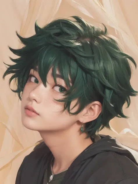 A japanese boy with a wavy green hair, emerald green eyes, some freckles on the face, estilo de anime limpo e detalhado