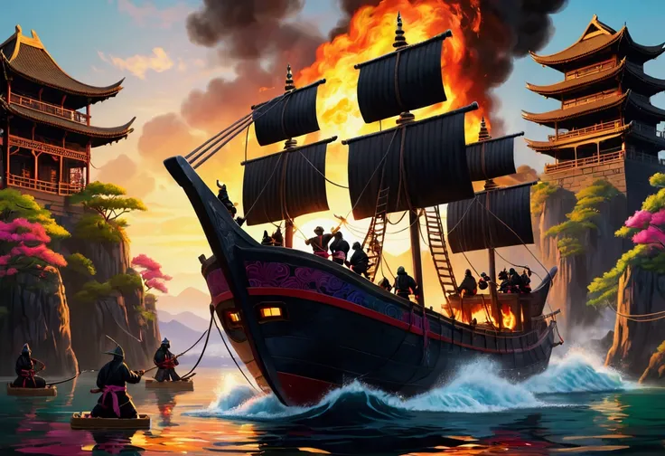 Asian ninja pirates board a Samurai palace ship climbing grappling hooks and ropes from the water, black team ninjas vs bright colorful samurai