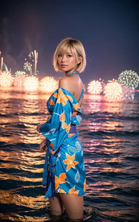 ass, gyaru, dark-skinned, shiny oiled skin, blond hair, short cut hair, wearing vivid yukata, standing in the sea, dark-night, deep fog, orange lanthanum light, Fireworks Festival Venue, Fireworks in the background, cinematic lighting