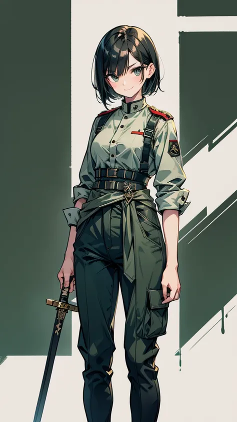 woman　short hair　black hair　expensive　narrow eyes　smile　glare　frivolous attitude　dark green german military uniform　pants　roll u...