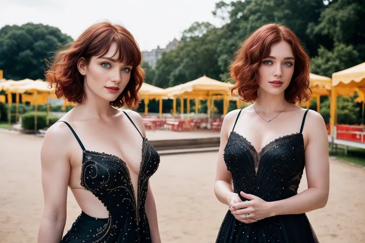 Masterpiece, (Bryce Dallas Howard: 0.5), half body, playful smile, high detail face, high detail skin, black dress, (high detail eyes:1.3), short hair, red hair, (small breasts:1.2), (strong athletic body), city park background, (UHD, 8K wallpaper, High re...