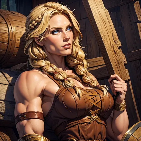 Muscular viking woman with blonde braided hair lifting a  with short brown hair.