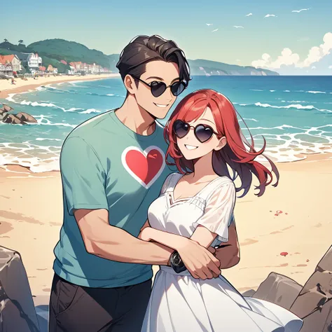 One man and one woman，at the seaside，Wearing sunglasses，Arms in the shape of a heart，Smile，cartoon，HD