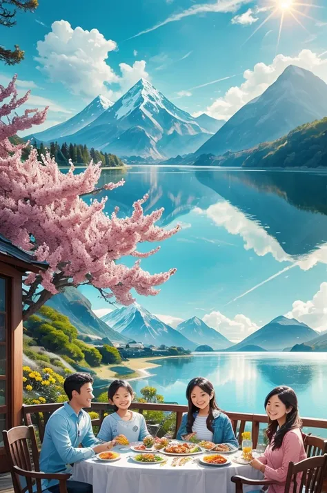 good luck background、Image of a smiling family sitting around the dinner table、The problem is solved、Enjoy a meal while chatting、heart、sun、Mountain top、flower、Ocean、spring、sunの光