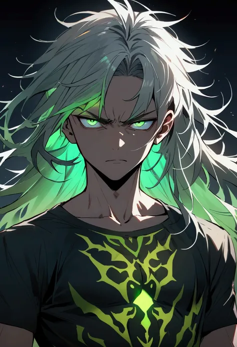 teenage boy, spiky hair, long hair, multicolored green and gray hair, eyes glowing green, serious face, green tattoos on the body, ripped dark blue shirt