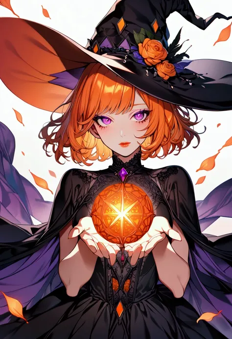 anime girl, orange hair, violet eyes, short hair, witch, witch hat, o, ultra detailed eyes, ultra detailed, detailed lips, detai...