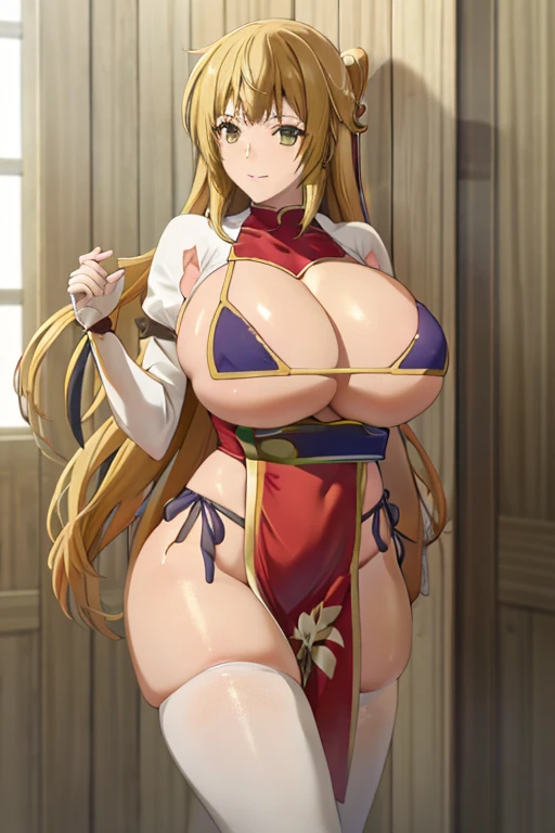 masterpiece, best quality, beautiful art, high resolution, well formed hands, body and fingers, 1 woman, solo, Rit , hair ornament,  adult, grown up, big breasted, cleavage,  full body, braided long hair, blue_japanese_clothes, wearing DOA Kasumis blue kun...