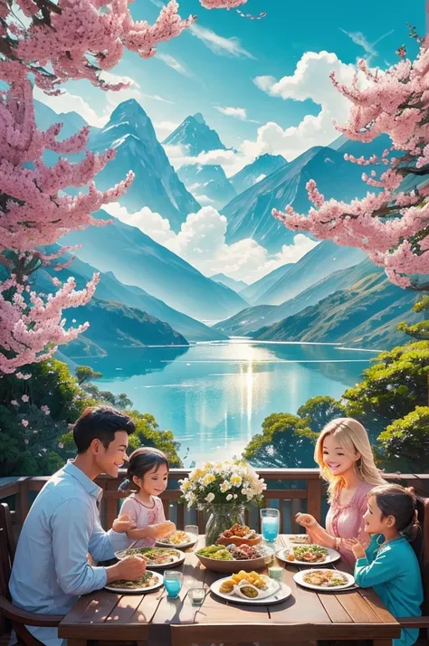 good luck background、Image of a smiling family sitting around the dinner table、The problem is solved、Enjoy a meal while chatting、heart、sun、Mountain top、flower、Ocean、spring、sunの光、wishes come true