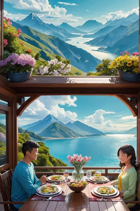 good luck background、Image of a smiling family sitting around the dinner table、The problem is solved、Enjoy a meal while chatting、heart、sun、Mountain top、flower、Ocean、spring、sunの光、wishes come true