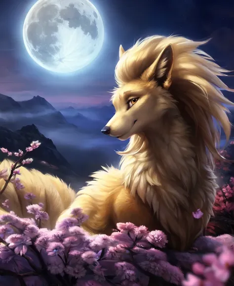 ((solo)) (feral, ninetales), female, looking at viewer, cherry blossom, night, fog, flower, multi tail, full moon,, best quality...