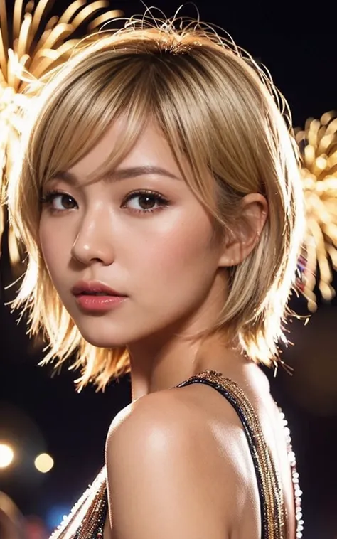 gyaru, dark-skinned, shiny oiled skin, blond hair, short cut hair, face close up shot, from side, Fireworks in the background, cinematic lighting