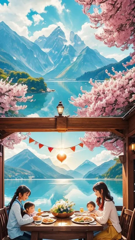 good luck background、Image of a smiling family sitting around the dinner table、The problem is solved、Enjoy a meal while chatting、heart、sun、Mountain top、flower、Ocean、spring、sunの光、wishes come true