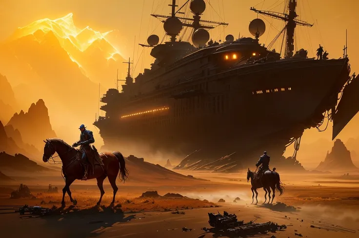 There is a man on horseback in front of the boat, author：Alexander Jean, Jessica Rosier Fantasy Art, Highly realistic concept art, Stunning sci-fi concept art, Craig Mullins Necro, 8k concept art, 8k concept art, 4K concept art, 4K concept art, dramatic co...