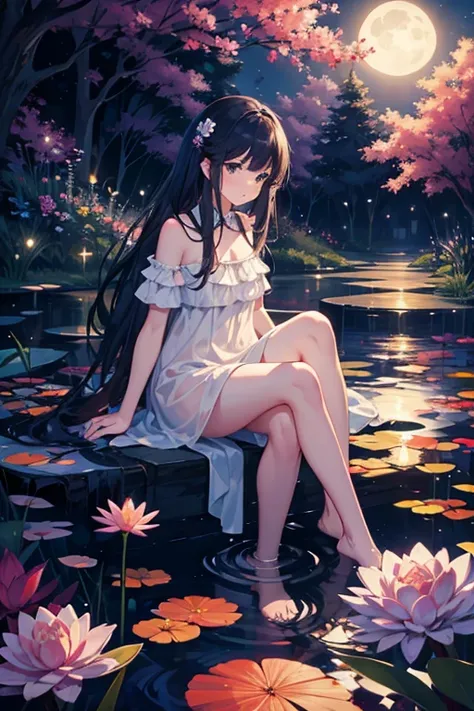 Night time moonlit sky flowers pond, girl sitting